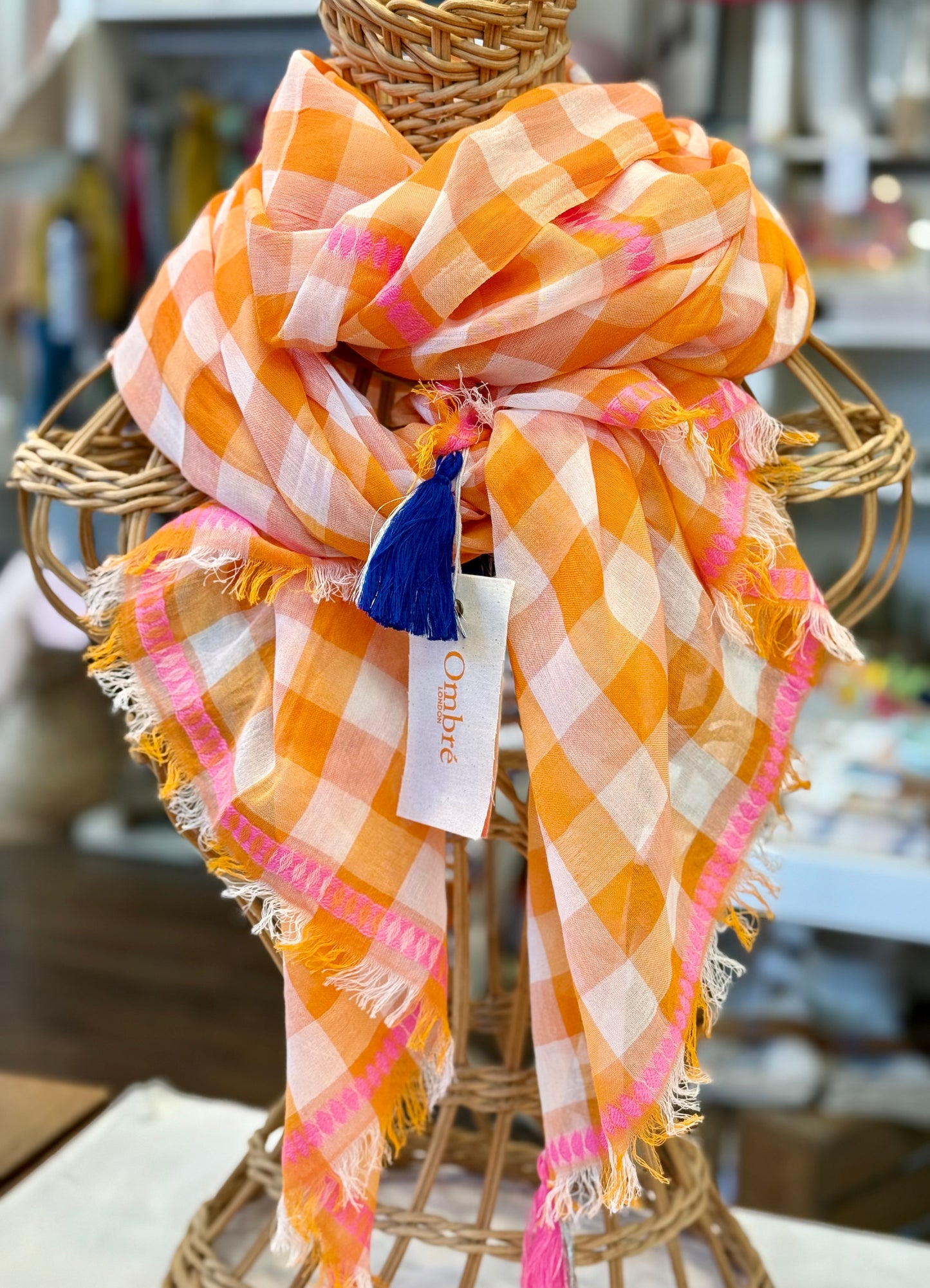 Orange check tassle scarf by Ombré London