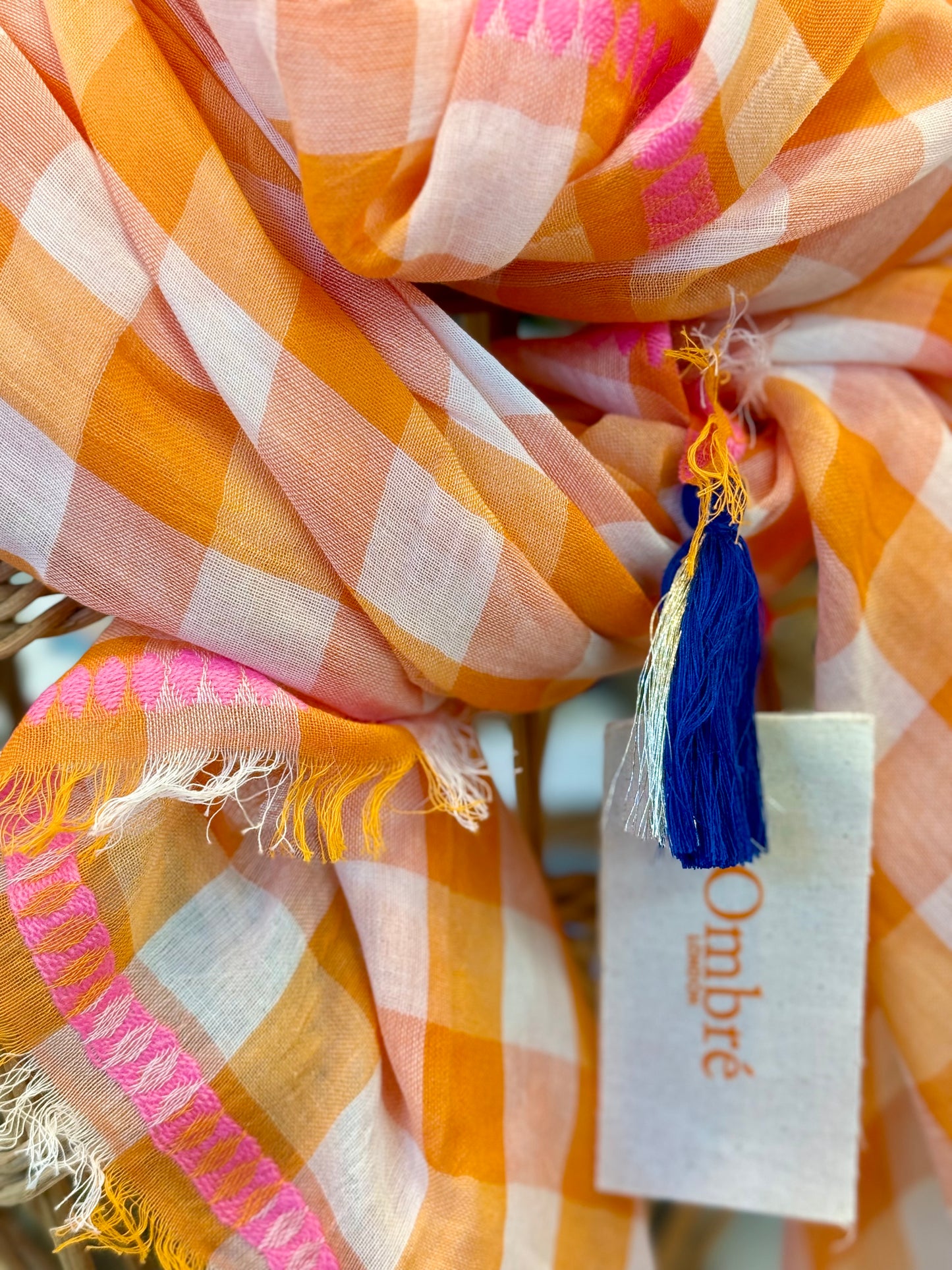 Orange check tassle scarf by Ombré London