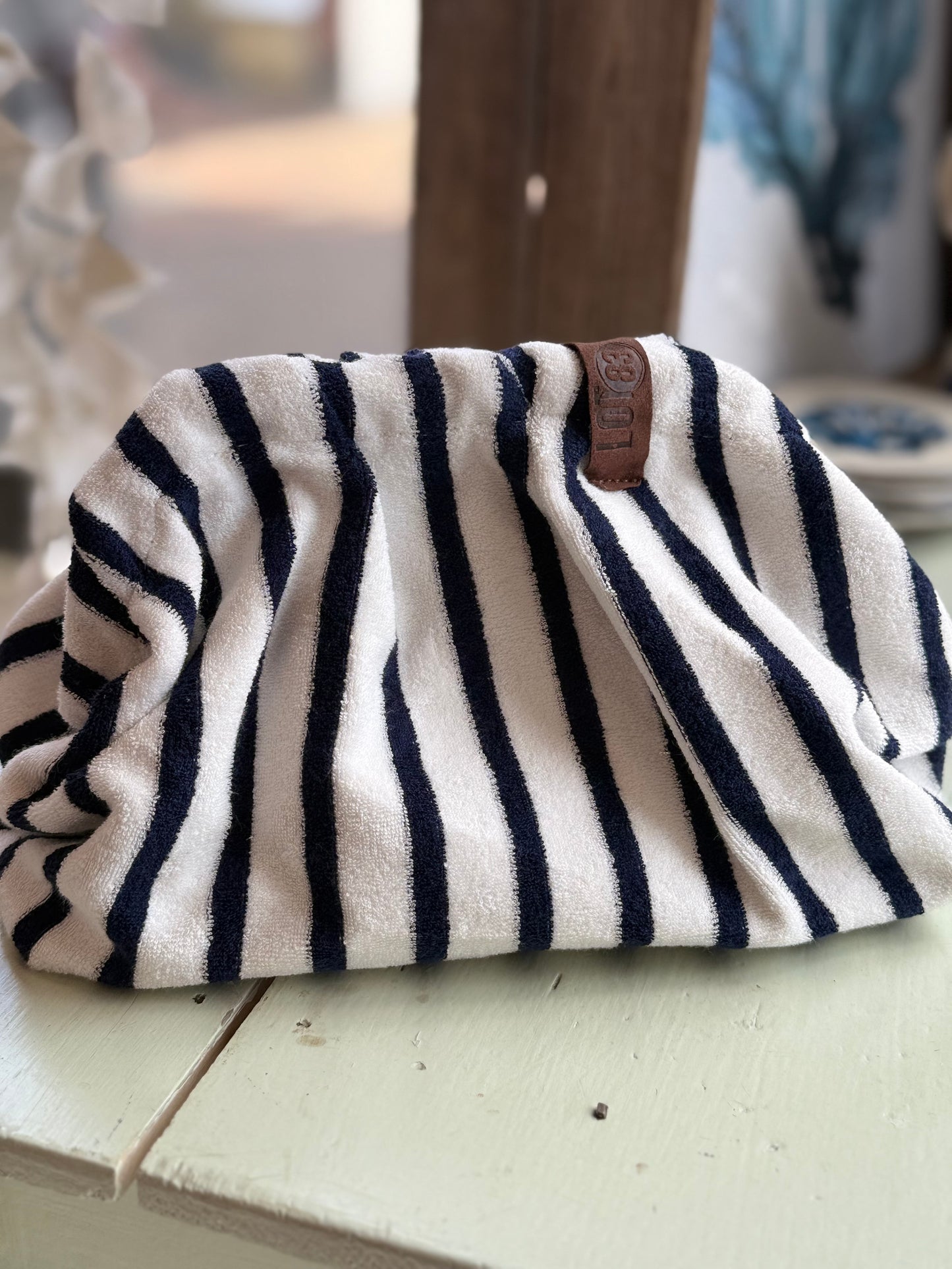 Navy and white terry clutch