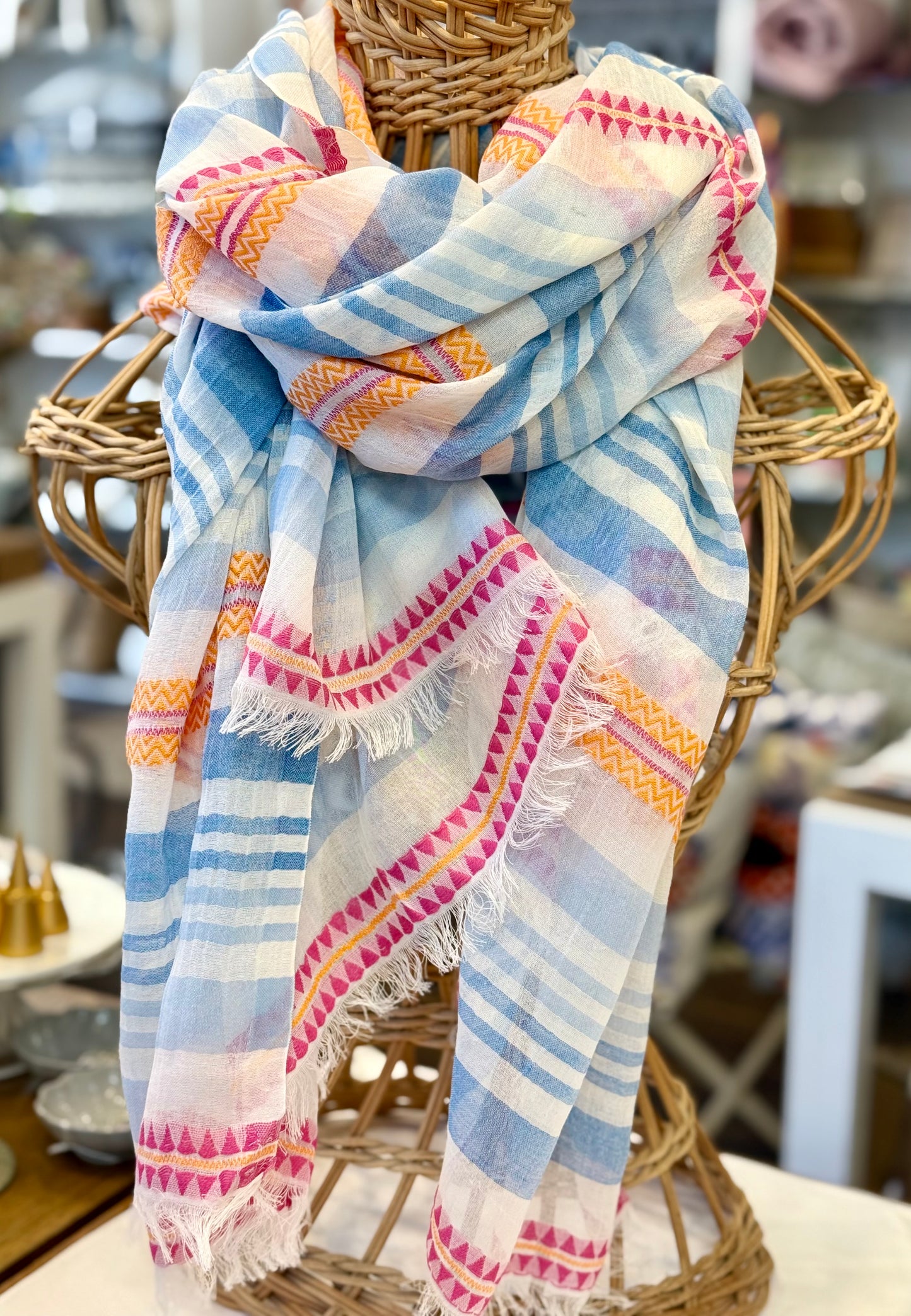 Blue, pink and orange stripe scarf by Ombré London