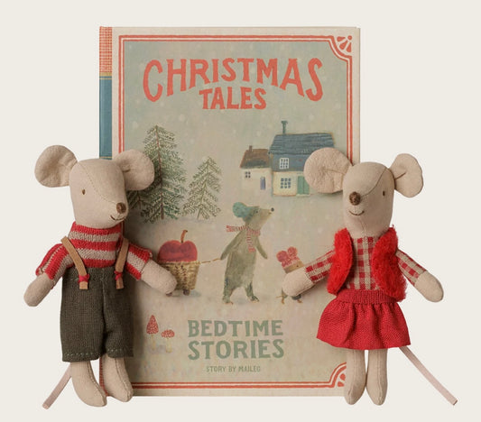 Christmas twin mice. Little sister and brother in book by Maileg