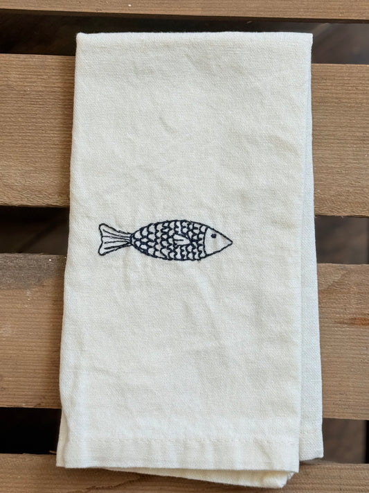 Fish embroidered napkin - black