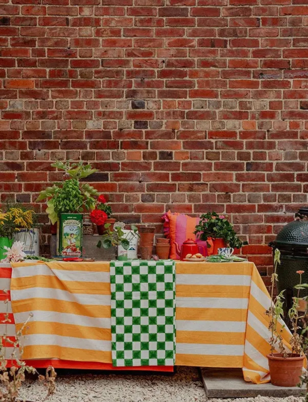Yellow and white stripe tablecloth