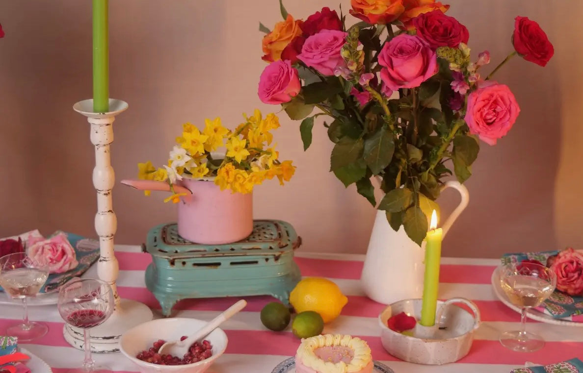 Pink and white striped tablecloth