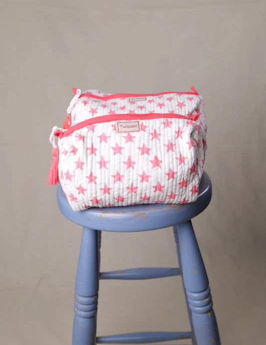 QUILTED WASH BAG - PINK STARS