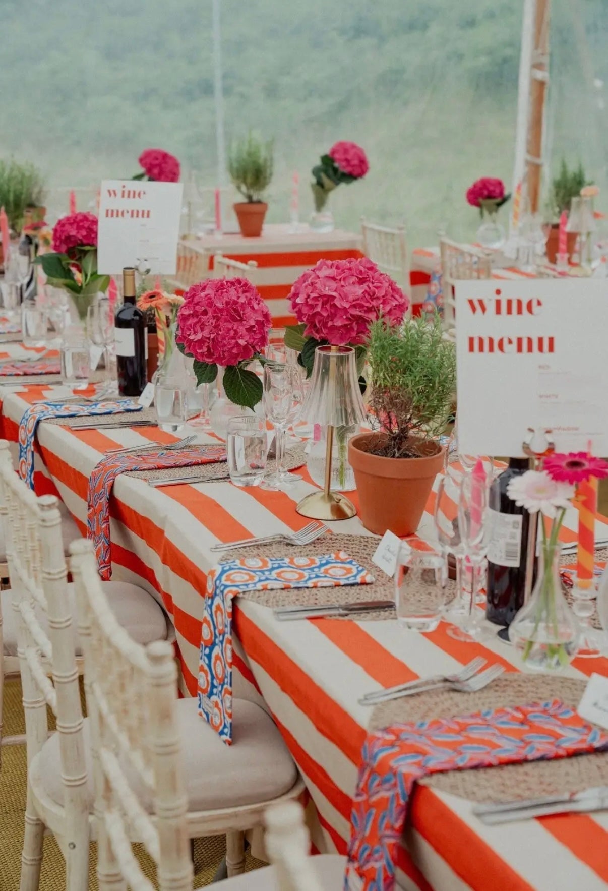 Orange and taupe striped tablecloth
